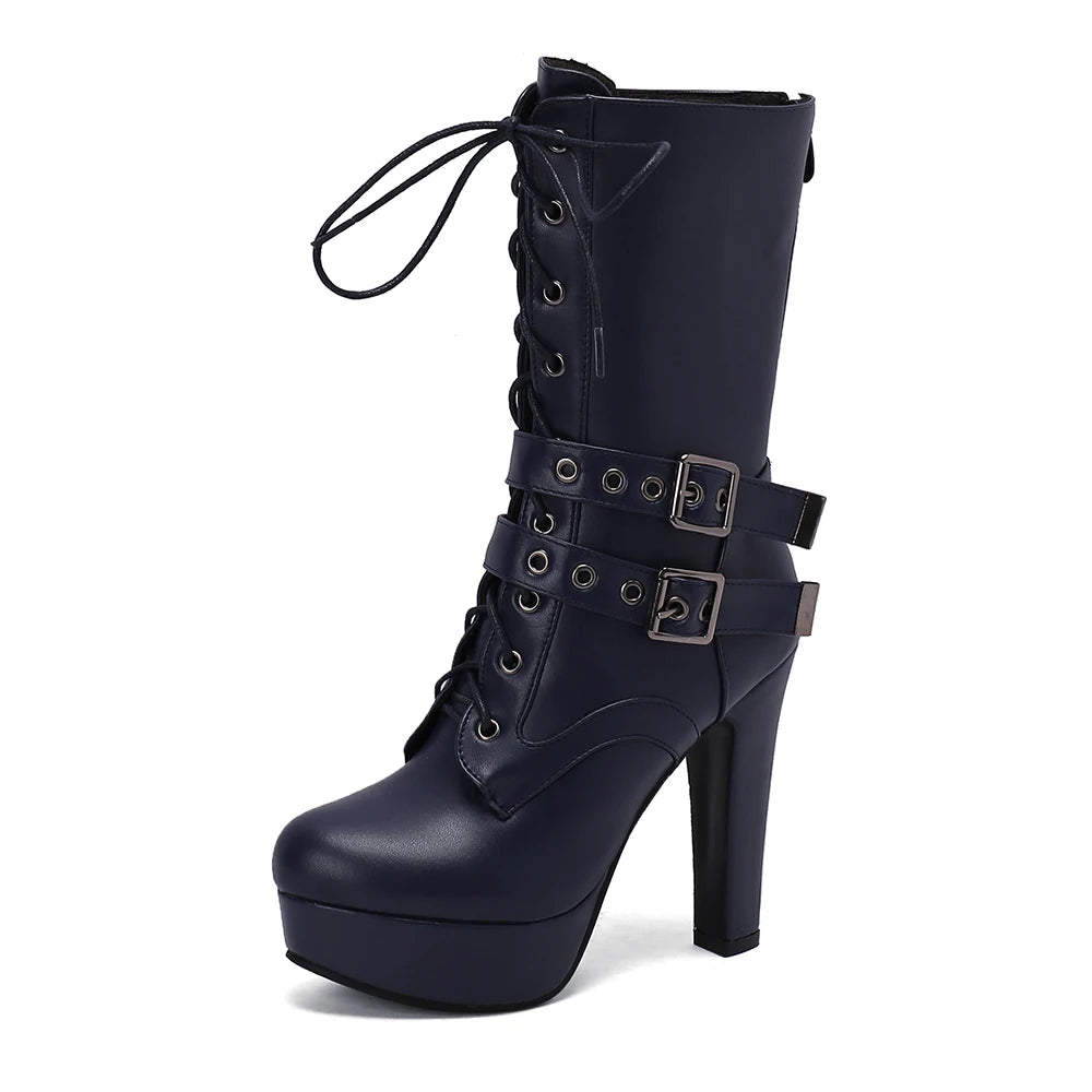 Women Punk Style Lace-Up Ankle Boots Belt Buckle Platform High Heels Short Boot Female White Autumn Winter Round Toe Shoes 2025