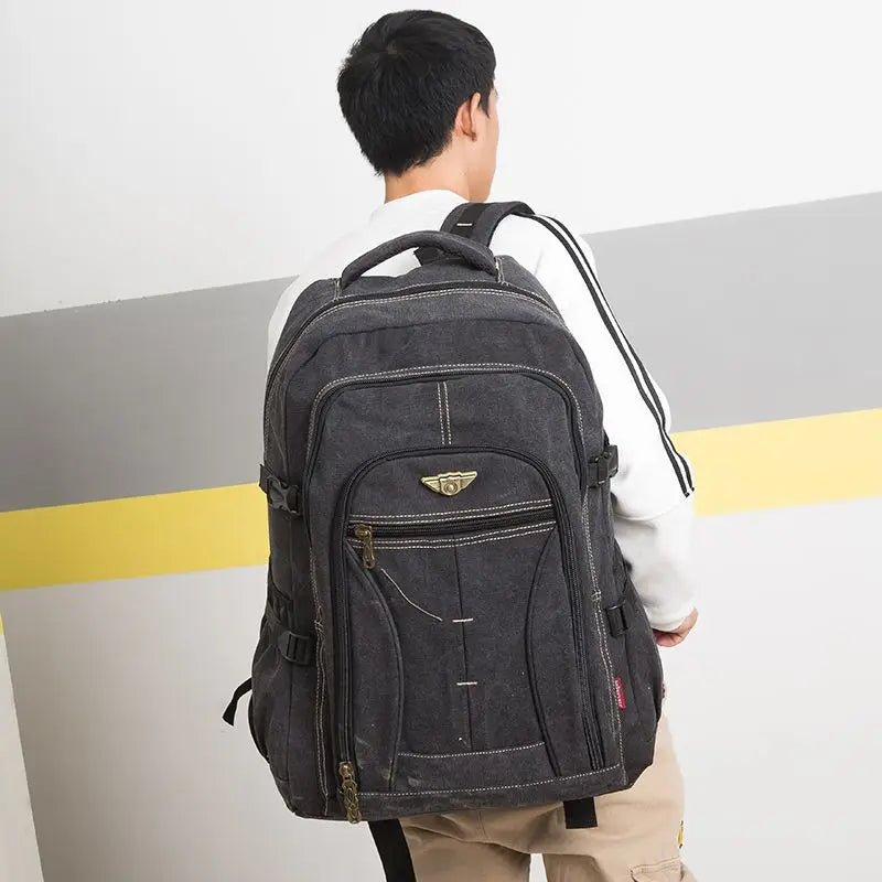 70L Thick Canvas Camping Backpack Large Capacity Waterproof Outdoor Trekking Travel Climbing Bag Luggage Rucksack Men Hiking Bag
