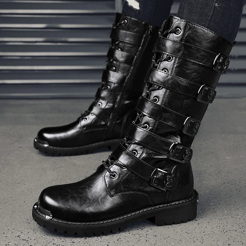 2025 High Leather Boots Men Black Boots Gothic Punk Motorcycle Boots Men Big Size 46 Comfy Platform Boots for Men Tooling Boots