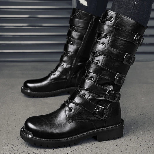 2025 High Leather Boots Men Black Boots Gothic Punk Motorcycle Boots Men Big Size 46 Comfy Platform Boots for Men Tooling Boots
