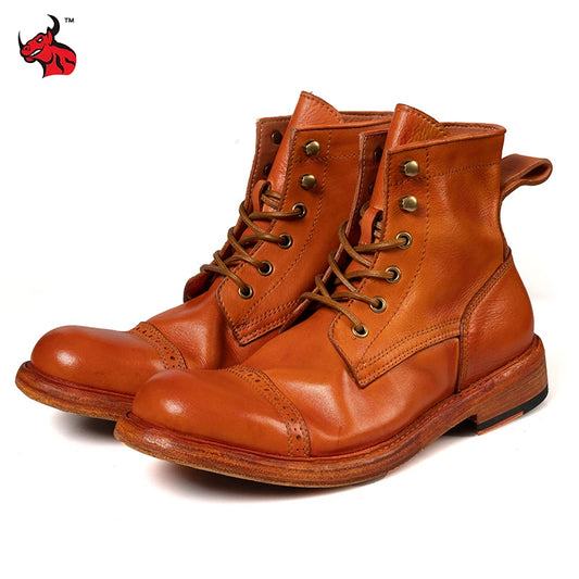 Durable Waterproof Motorcycle Boots Genuine Leather High-Top Moto Boots Washed Old Vintage Botas De Motociclistah Workwear Shoes