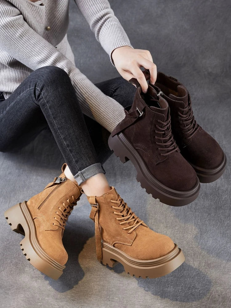 6.5cm Cow Suede Genuine Leather Women Booties Elthnic Pumps Comfy Ankle Knee High Spring Motorcycle Shoes Flats Platform Wedge