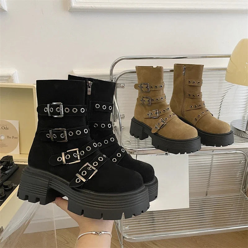 2025 Spring New Brown British Style Platform Women's Boots Fashion Simple Korean Women's Shoes
