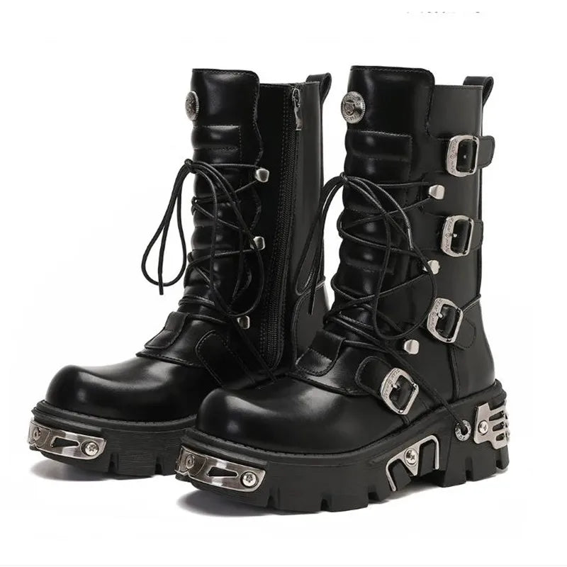 Unisex Genuine Leather Motorcycle Boots Skull Gothic Punk Cowboy Boots Women Men Metal Decoration Platform Combat Mid-calf Boots