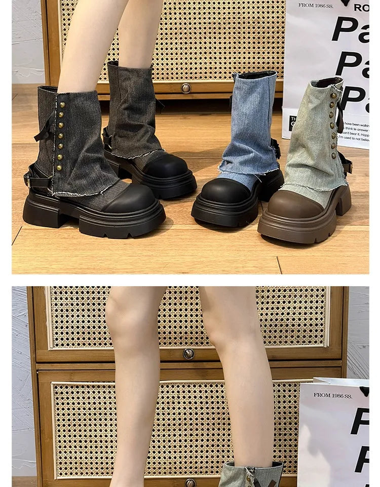 Fall Student Fashion Ankle Boots New Canvas Cowboy Shoes Women's Outdoor Platform Boots Luxury Designer Brand Motorcycle Boots