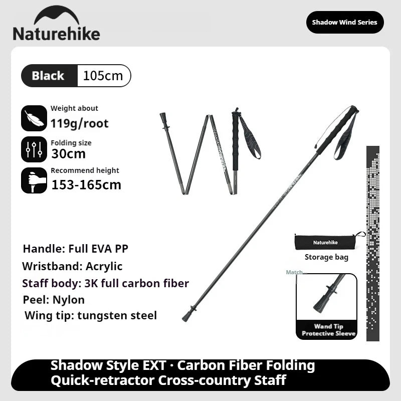 Naturehike 3K Carbon Fiber Collapsible Telescopic Sticks Trekking Pole Folding Portable Walking Stick Staff for Hiking Climbing