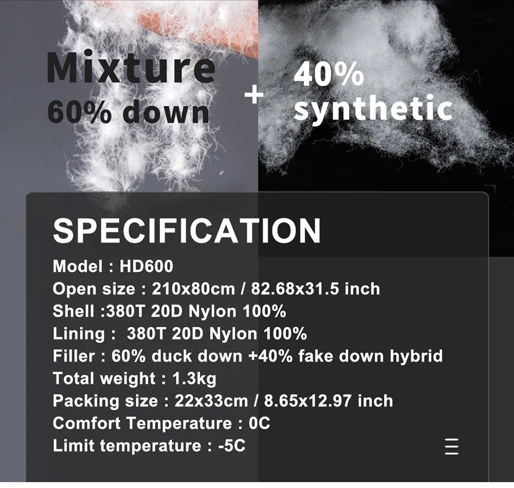 Premium Down and Synthetic Hybrid Sleeping Bag Camping  Lightweight Sleeping Bag High Neck Design Sleeping Bag 0°C to -5°C ，1.3