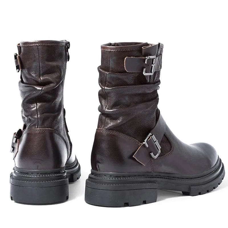 Waterproof Motorcycle Boots Autumn Quality Genuine Leather Retro High Top Motorbike Boots Wear Resistant Moto Riding Shoes