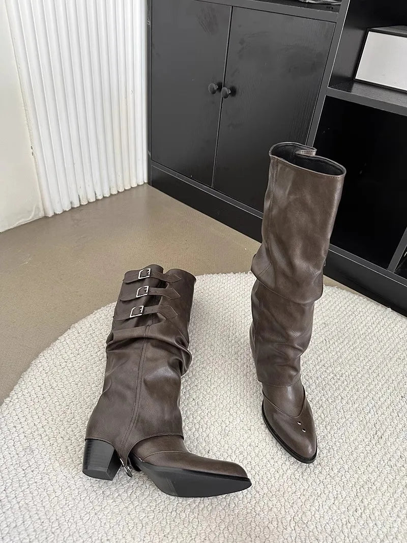 High Quality Wasteland Punk Y2k Gothic Style Vintage Motorcycles Western Boots for Women Black Rivets Knee High Boot Shoes