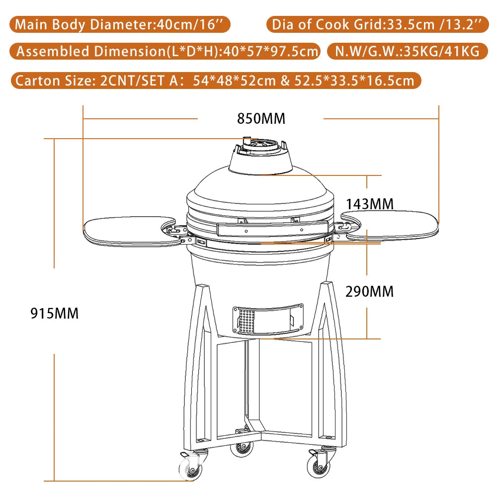 AUPLEX 16-Inch Kamado Barbecue Grill Outdoor Kitchen Smoker Bbq Egg