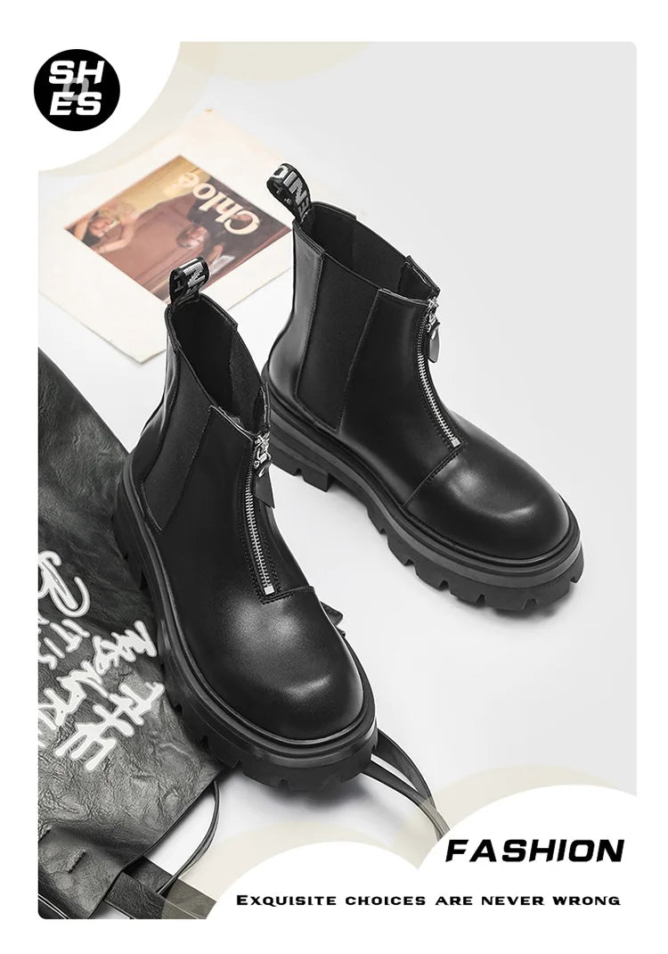 Autumn Winter Chelsea Platform Increase boots Men's Japan Korean Fashion Boots British High Top Black Motorcycle Men's Shoes