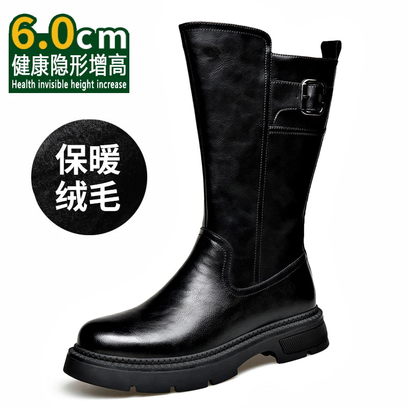 Tall Boots for Men Made of Leather with Increased Height and Soft Sole Western Cowboy Plush Insulation Knight Ankle Riding