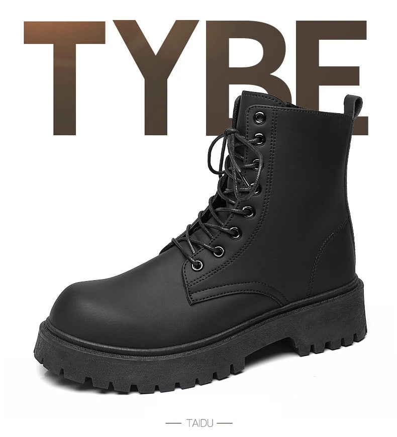 Black Leather Boots for Men High Top Platform Lace Up Light Fashion Motorcycle Boots British Style Men's Waterproof Casual Boots