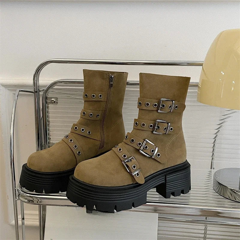 2025 Spring New Brown British Style Platform Women's Boots Fashion Simple Korean Women's Shoes