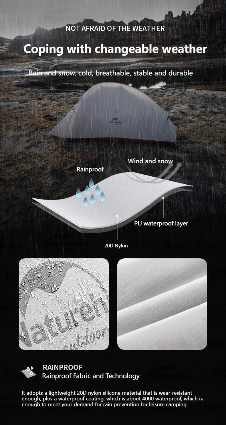 Naturehike Cloud Up Hiking Tent 210T/20D Silicone Double Layer 2 People Tent Ultralight Portable Aluminum Pole Camping Tent