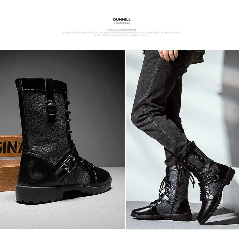 Retro Mid-Carf Punk Boots Winter Men's Plus Velvet Motorcycle Boots All-match Tooling Shoes Denim Mid-high Boots Men botas mujer