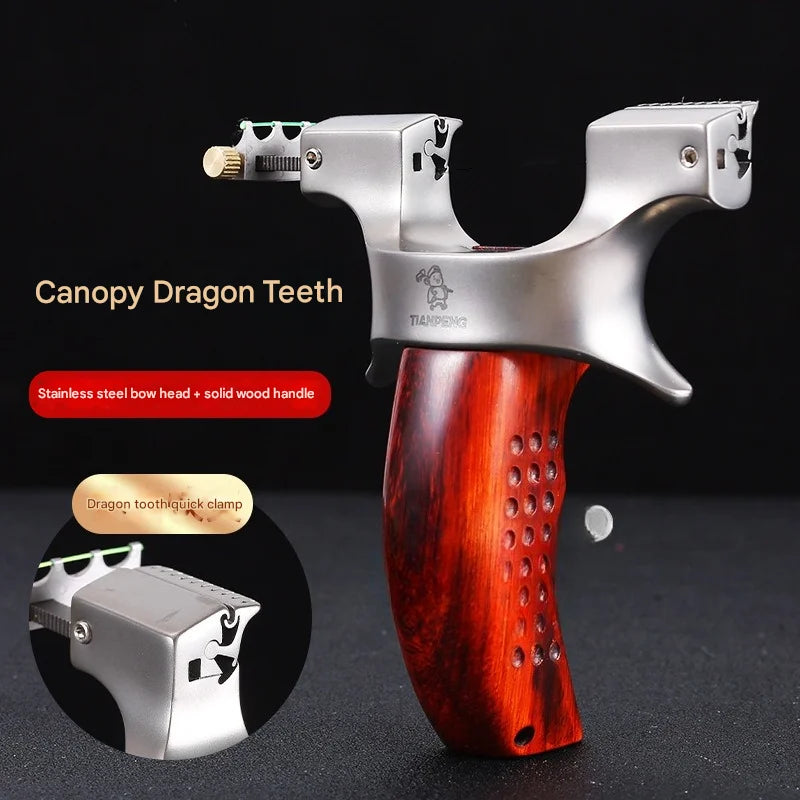 Powerful Stainless Steel Slingshot with Flat Rubber Band Outdoor Hunting and Shooting Combat Catapult with Wooden Handle