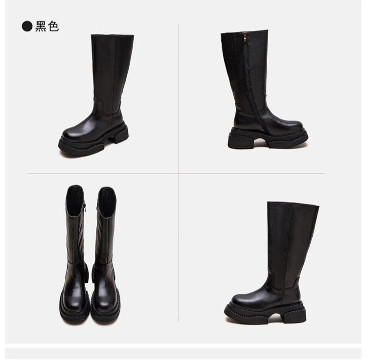 6.5cm Cow Genuine Leather Women Ankle Knee Motorcycle Booties Boots Chunky Heels Platform Wedge Shoes Chimney High ZIP Spring