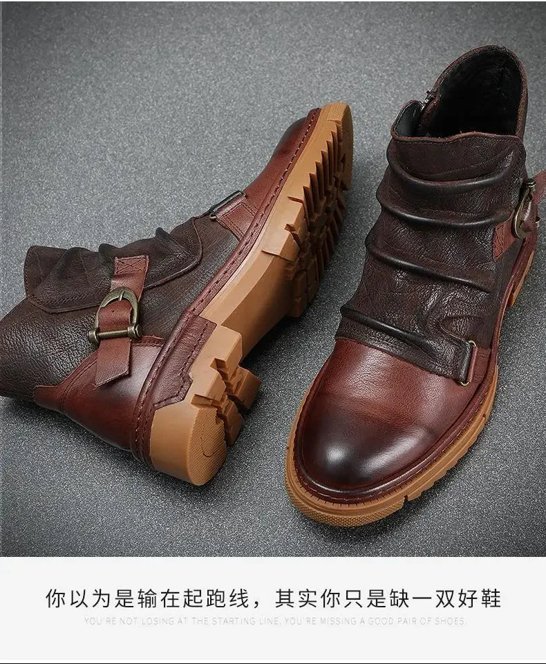 2025 Retro Men's Motorcycle Leather Boots British Style Round Head High Top Shoes Casual Platform Boots Moto Street Gear
