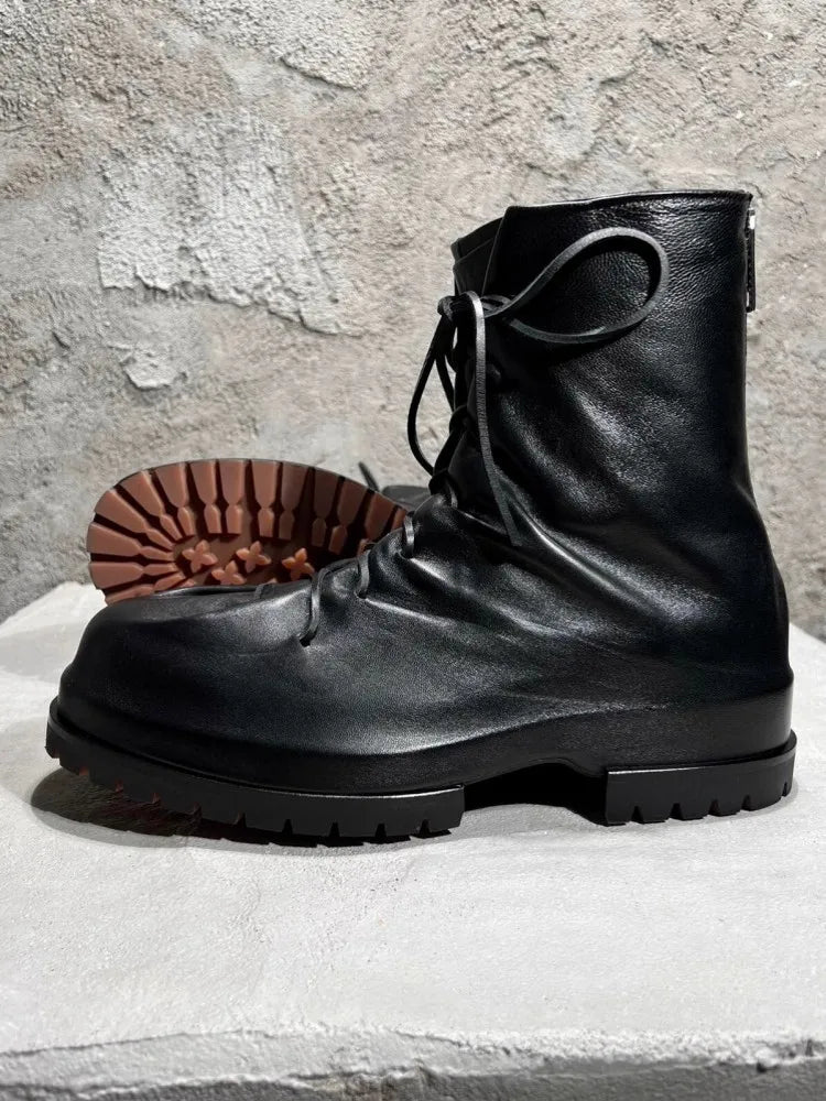 Gothic Designer Men High Top Sheepskin Genuine Leather Ankle Boots Lace Up Thick Platform Runway Shoes Vintage Work Safety Boots