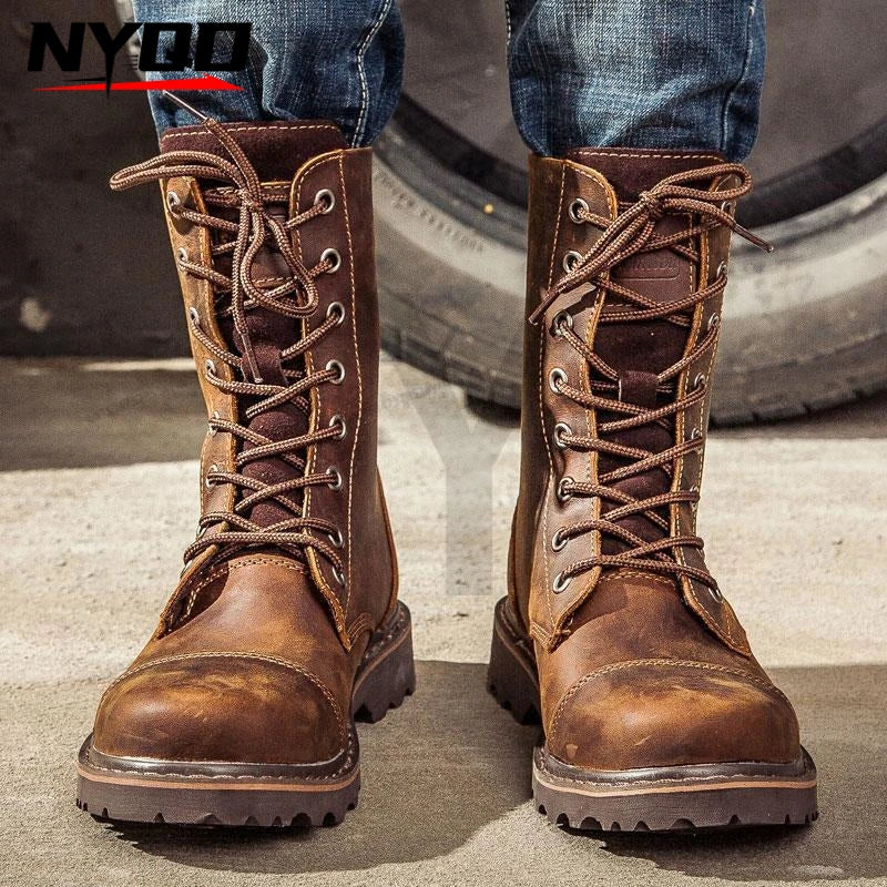 Men's Mid-calf Shoes High Tube Work Shoes Couples Outdoor Motorcycle Boots Large Size Women's Boots Winter Plush Cotton Shoes