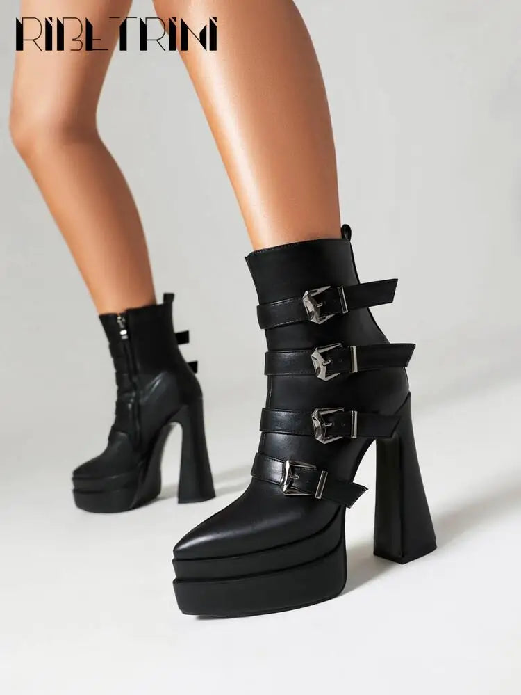 Platform Women Boots Pounted Toe High Heeled Double Platform Shoes Ankle Buckle Punk Goth Cool Fashion Brand Winter Boots Woman