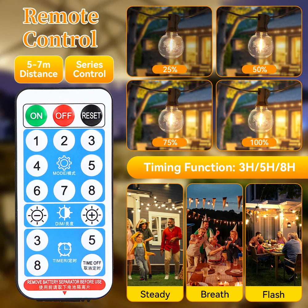 LED Solar String Lamp Waterproof Garden Lights Outdoor Remote Control Solar Camping Tent Lighting for Party Backyard Decorative