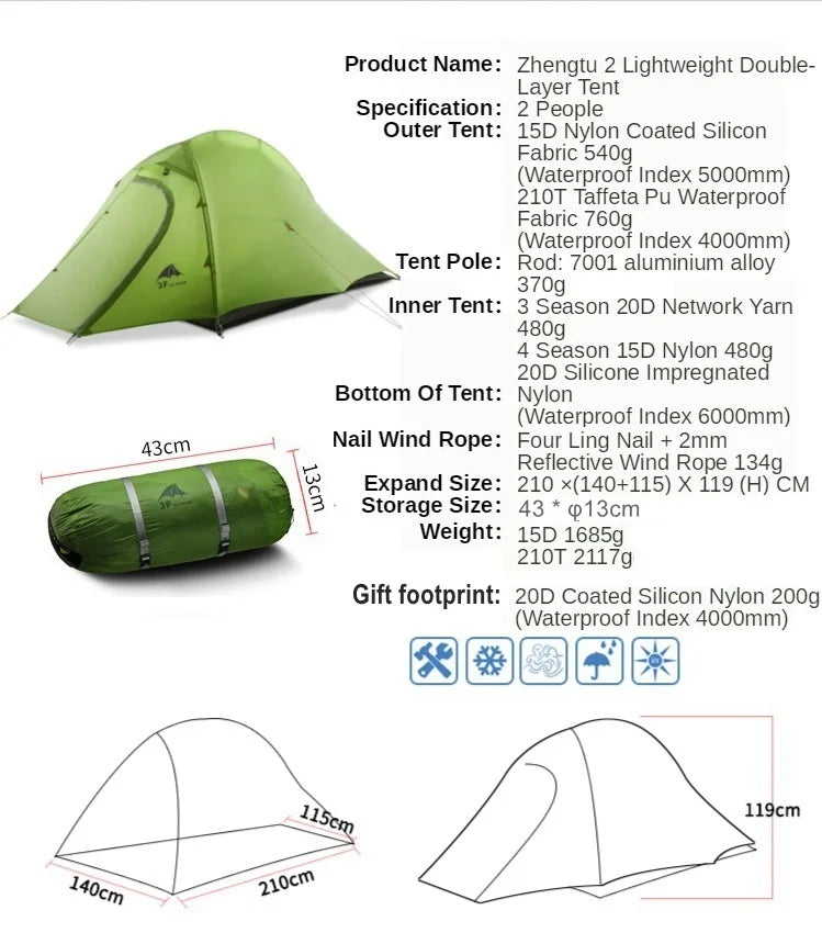 3F UL Gear Zhengtu 2P Tent Two 2 Person 15D Silnylon Coating Nylon Double Layer Ultralight Camping Lightweight Hike For 4 Season