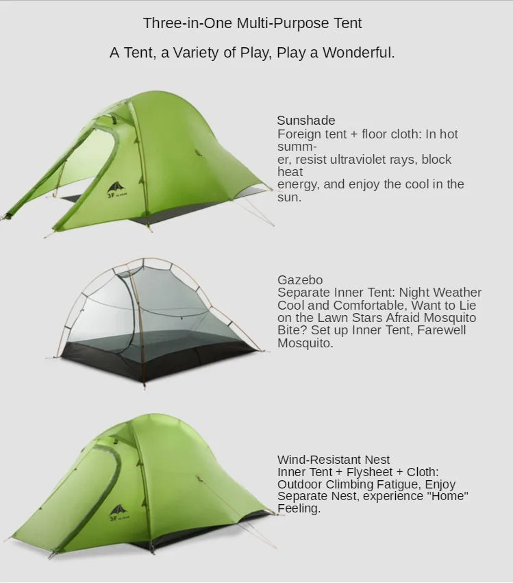 3F UL Gear Zhengtu 2P Tent Two 2 Person 15D Silnylon Coating Nylon Double Layer Ultralight Camping Lightweight Hike For 4 Season