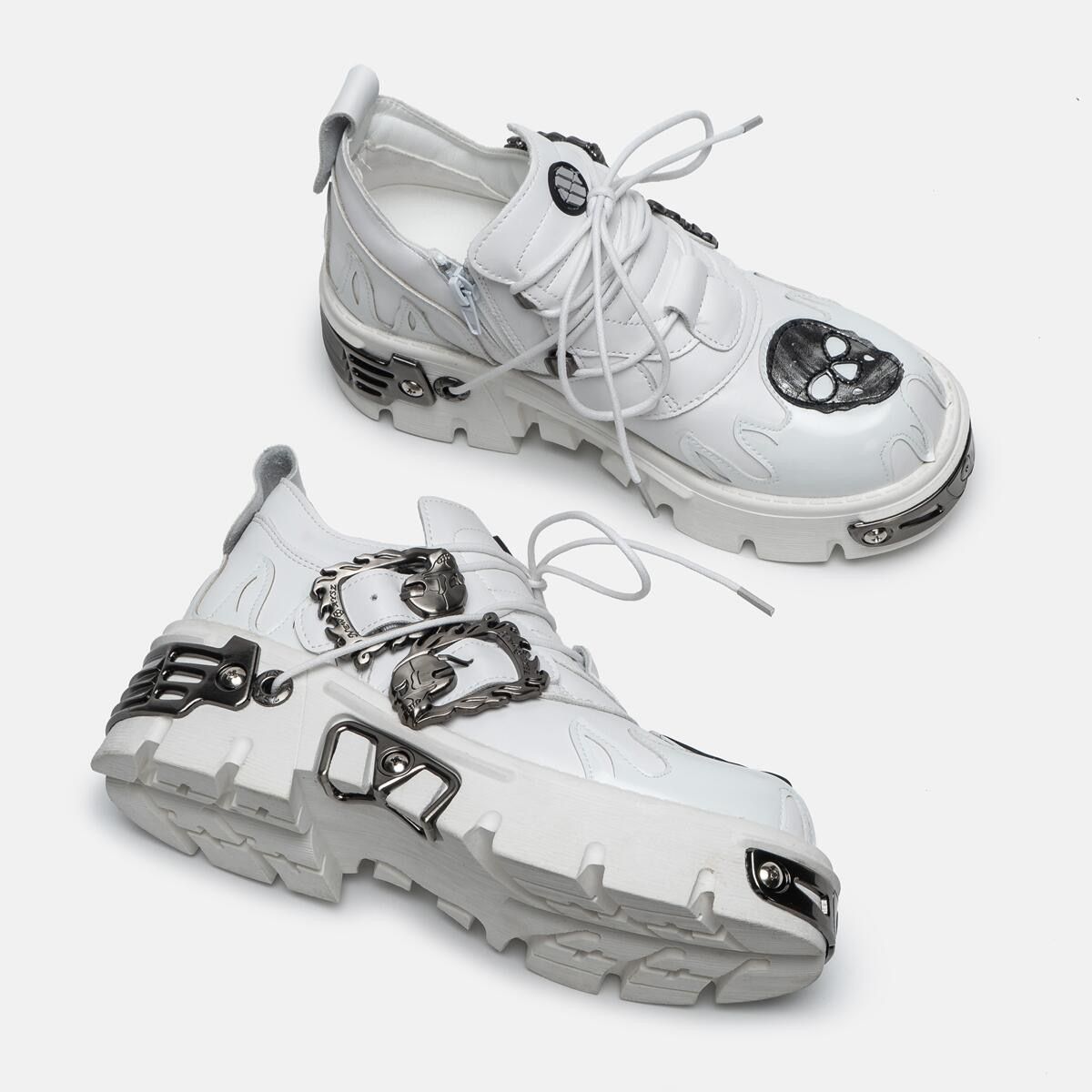 New Men's Gothic Skull Boots Black Women Shoes Designer Punk Metal Platform Walking Sneakers Skeleton Metal Buckles Ankle Boots