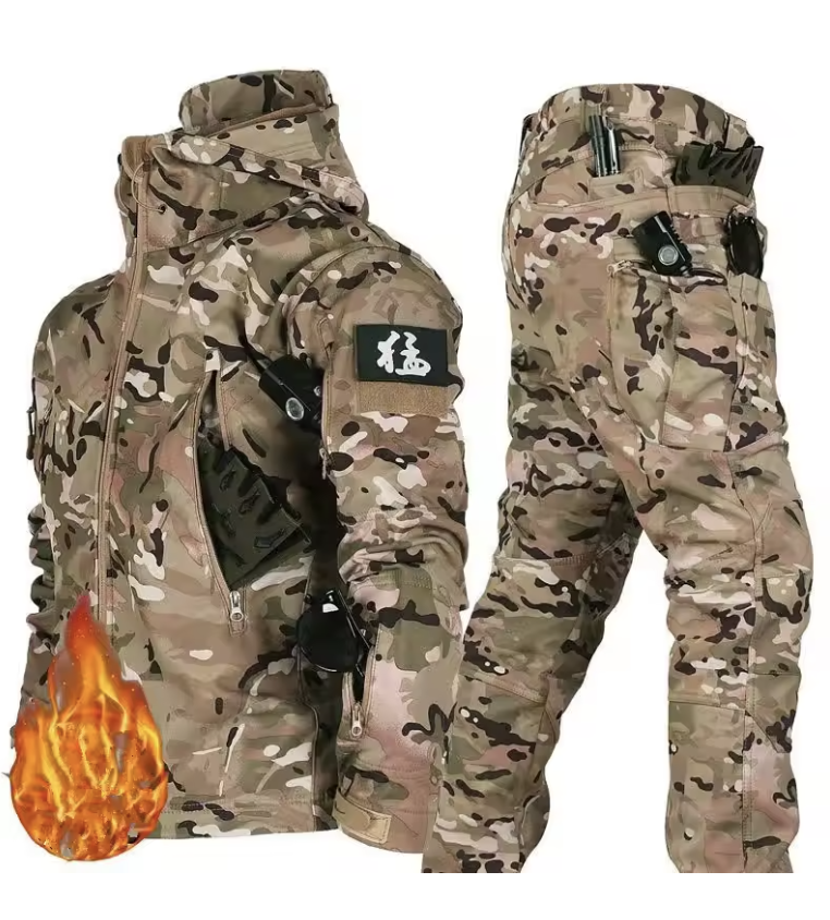 Waterproof Windproof Hooded Jacket and Pants, Soft Shell, Plush, Thickened, Outdoor Fishing, Cutting, Wear-Resistant,Winter, 5XL