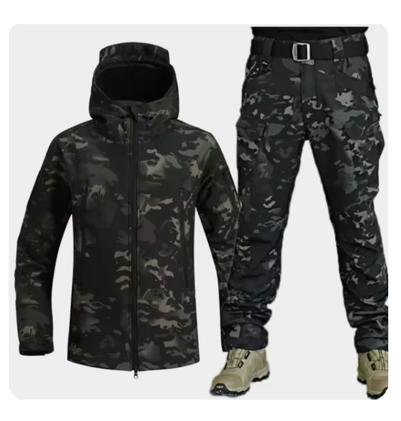Waterproof Windproof Hooded Jacket and Pants, Soft Shell, Plush, Thickened, Outdoor Fishing, Cutting, Wear-Resistant,Winter, 5XL