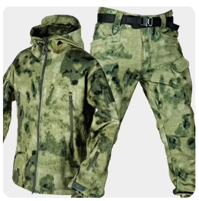 Waterproof Windproof Hooded Jacket and Pants, Soft Shell, Plush, Thickened, Outdoor Fishing, Cutting, Wear-Resistant,Winter, 5XL