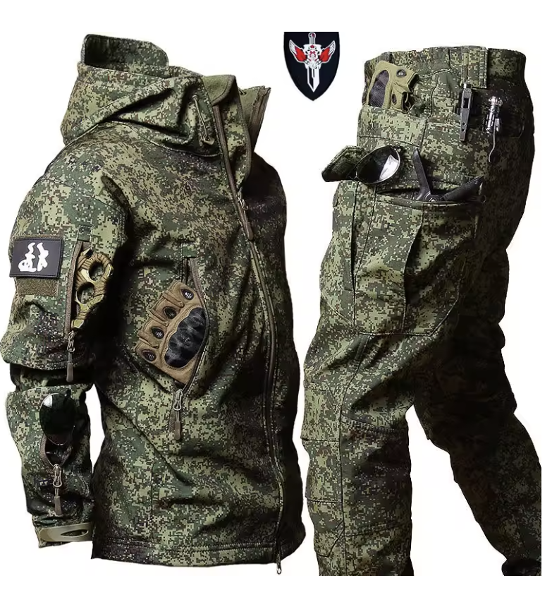 Waterproof Windproof Hooded Jacket and Pants, Soft Shell, Plush, Thickened, Outdoor Fishing, Cutting, Wear-Resistant,Winter, 5XL