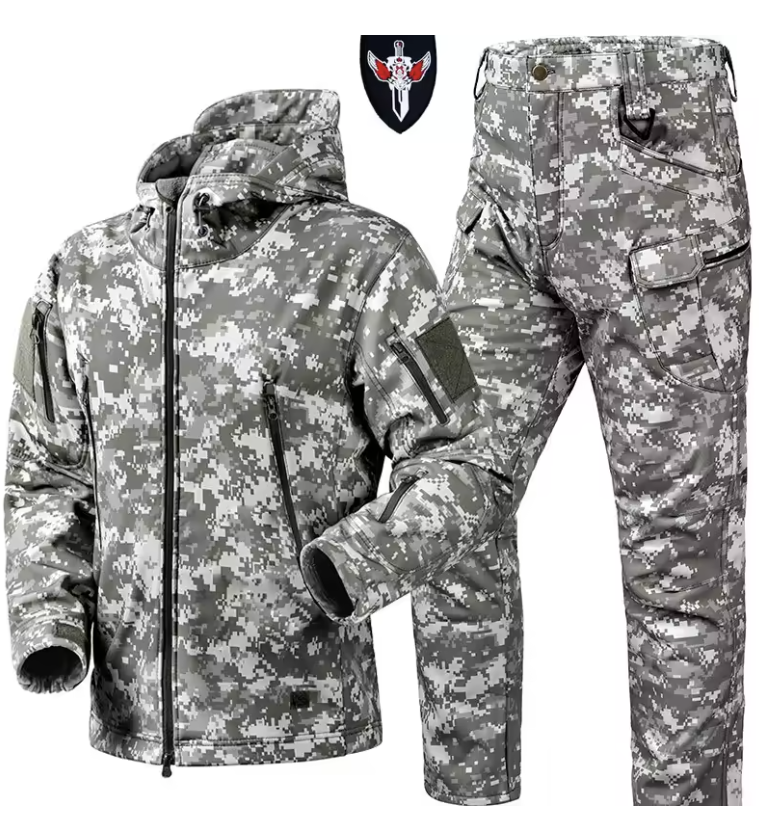 Waterproof Windproof Hooded Jacket and Pants, Soft Shell, Plush, Thickened, Outdoor Fishing, Cutting, Wear-Resistant,Winter, 5XL