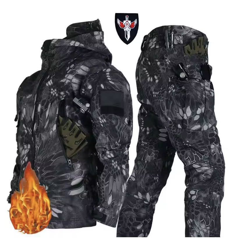 Waterproof Windproof Hooded Jacket and Pants, Soft Shell, Plush, Thickened, Outdoor Fishing, Cutting, Wear-Resistant,Winter, 5XL