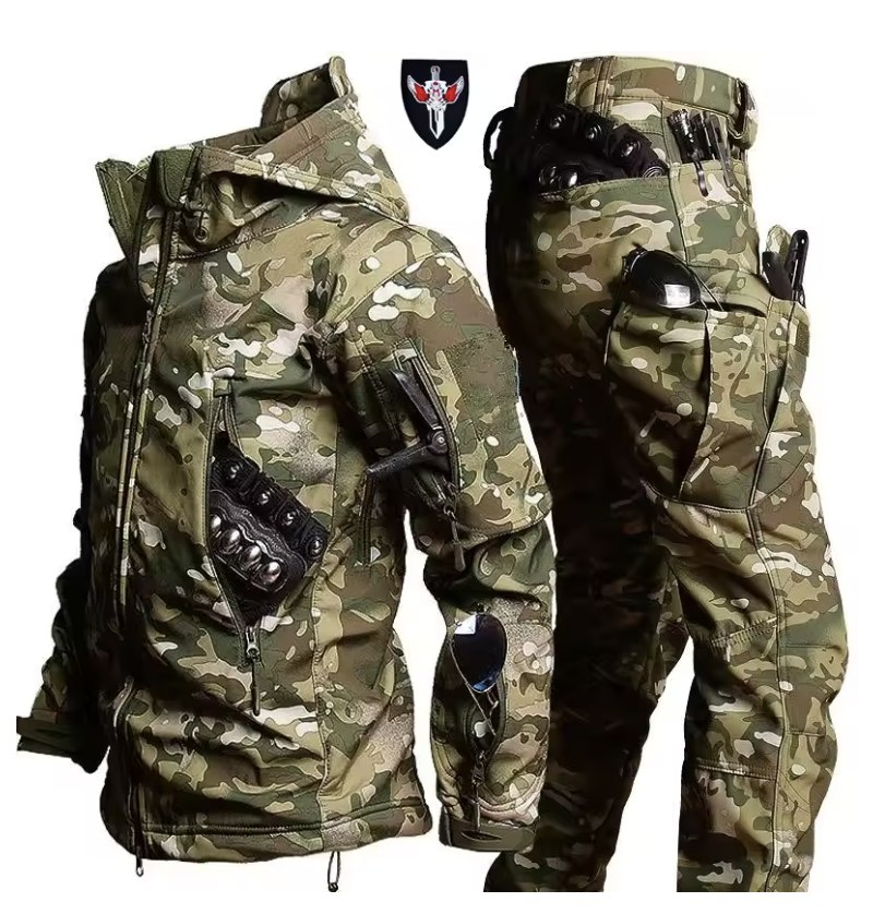 Waterproof Windproof Hooded Jacket and Pants, Soft Shell, Plush, Thickened, Outdoor Fishing, Cutting, Wear-Resistant,Winter, 5XL