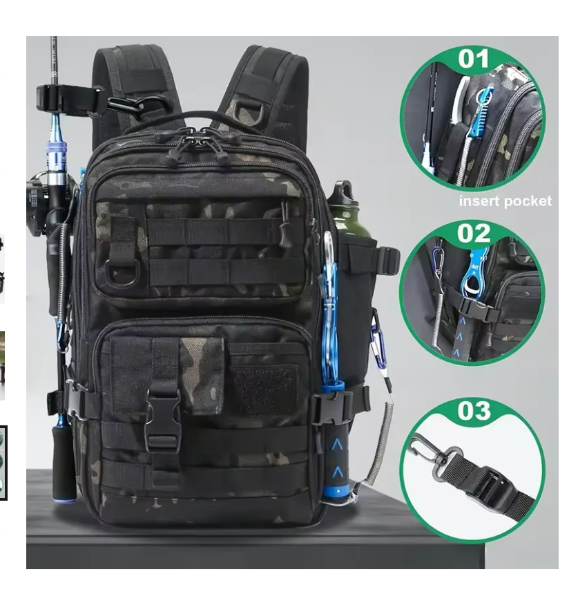 1000D Nylon Waterproof Fishing Backpack Fishing Tackle Storage Bag Double Shoulder Sling Bag for Outdoor Fishing Hunting Hiking