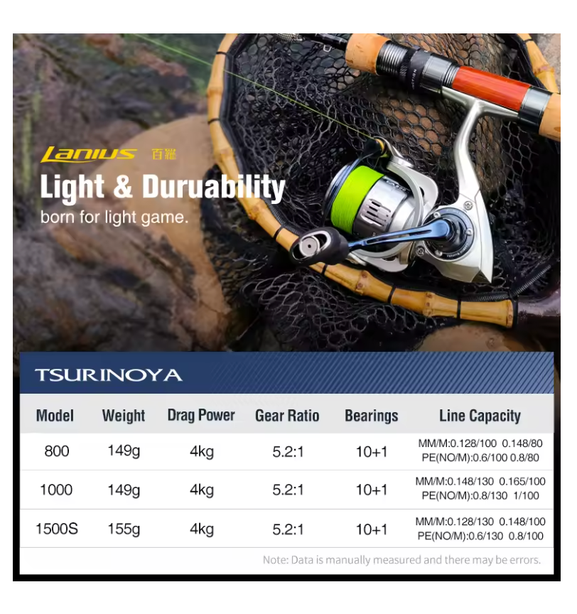 TSURINOYA Ultralight Carbon Spinning Fishing Reel LANIUS 800 1000 1500S 149g Shallow Spool Light Game Reel Stand Trout Wheel